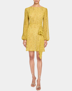 MALIA Long Sleeve Dress with Skirt Side Ruffle in Printed Georgette