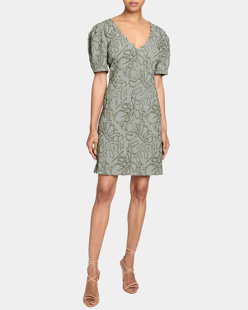 BIANCA A-Line Shift Dress with Puff Sleeves in Abstract Stretch Cotton Santorelli BIANCA A-Line Shift Dress with Puff Sleeves in Abstract Stretch Cotton Santorelli