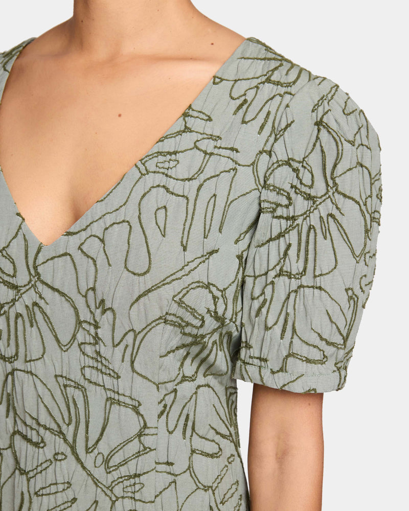 BIANCA A-Line Shift Dress with Puff Sleeves in Abstract Stretch Cotton Santorelli BIANCA A-Line Shift Dress with Puff Sleeves in Abstract Stretch Cotton Santorelli