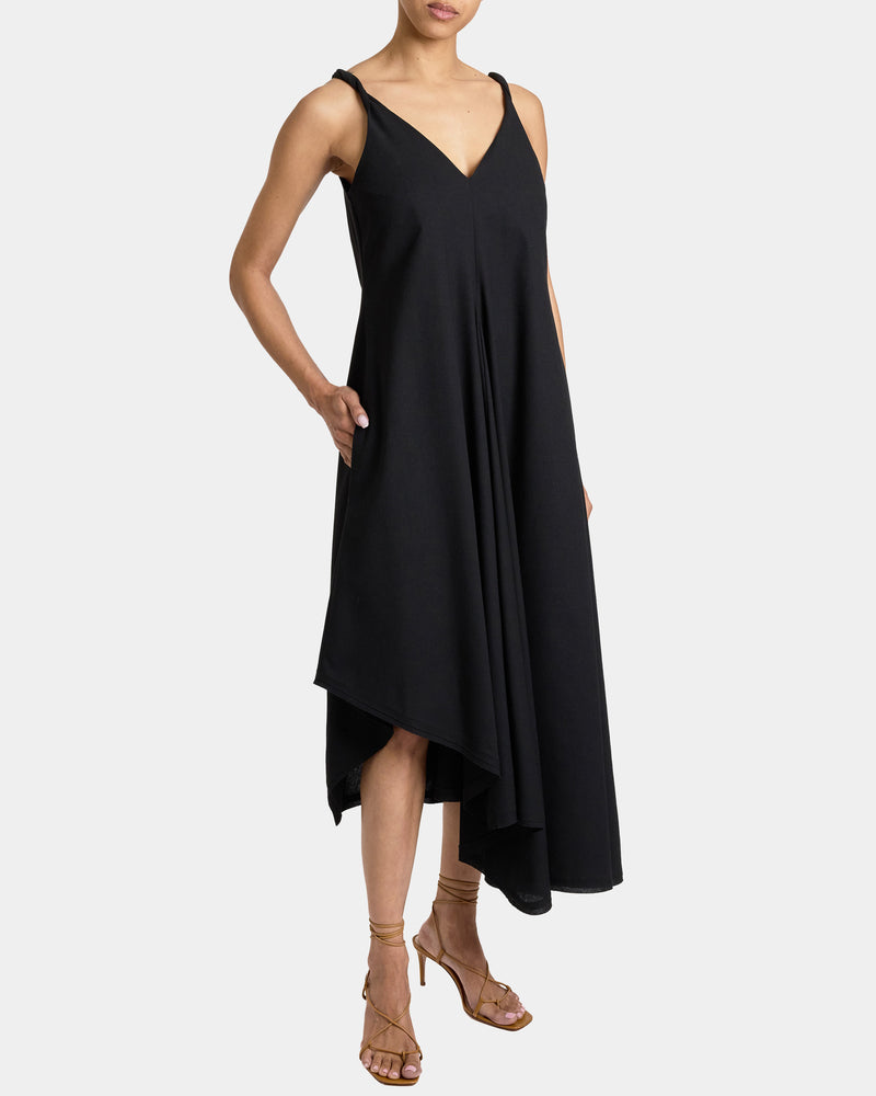 Santorelli Women's Kourt Asymmetric Sleeveless Linen Blend Midi Billow Dress - Black - Size 4 Santorelli Women's Kourt Asymmetric Sleeveless Linen Blend Midi Billow Dress - Black - Size 4