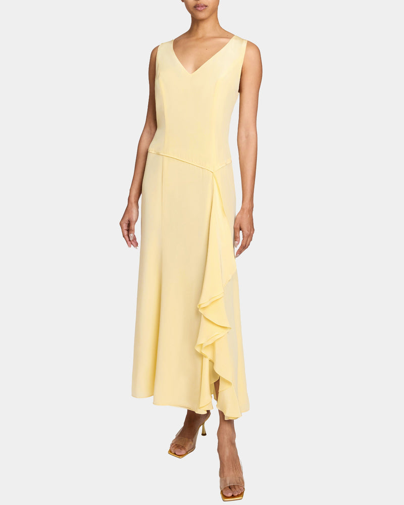 EMERSON Sleeveless Silk Midi Dress with Skirt Side Cascading Ruffles Santorelli EMERSON Sleeveless Silk Midi Dress with Skirt Side Cascading Ruffles Santorelli