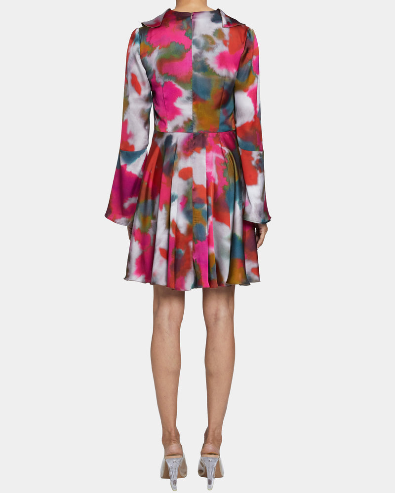 ROXY Long Sleeve Ruffled Dress in Abstract Printed Charmeuse