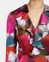 ROXY Long Sleeve Ruffled Dress in Abstract Printed Charmeuse