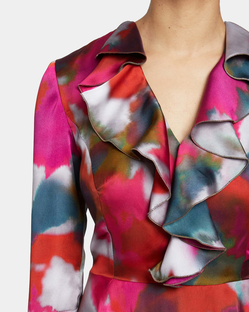 ROXY Long Sleeve Ruffled Dress in Abstract Printed Charmeuse