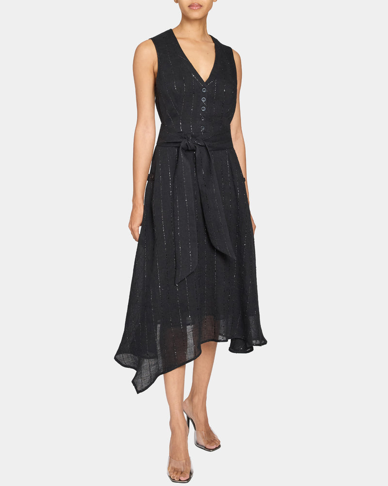 NIA Midi Dress in Metallic Stripe in Lightweight Linen Santorelli NIA Midi Dress in Metallic Stripe in Lightweight Linen Santorelli
