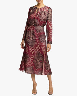 TESSA Long Sleeve Midi Fit and Flare Dress in Gingham Floral Silk Print
