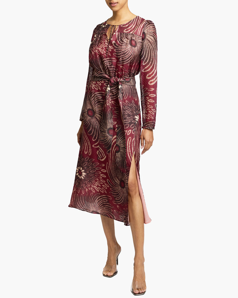 TESSA Long Sleeve Midi Fit and Flare Dress in Gingham Floral Silk Print