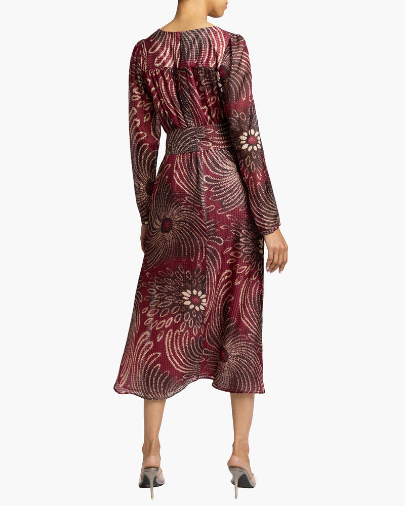 TESSA Long Sleeve Midi Fit and Flare Dress in Gingham Floral Silk Print
