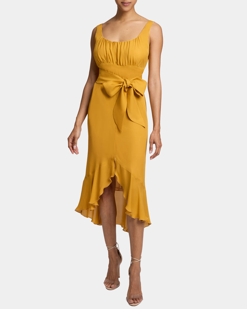 RINA Sleeveless Dress with Hi-Lo Ruffled Skirt Panel and Top Tucks in Silk Georgette