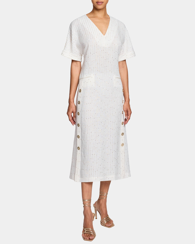 SERAFINA Midi A-Line Shift Dress in Striped Linen