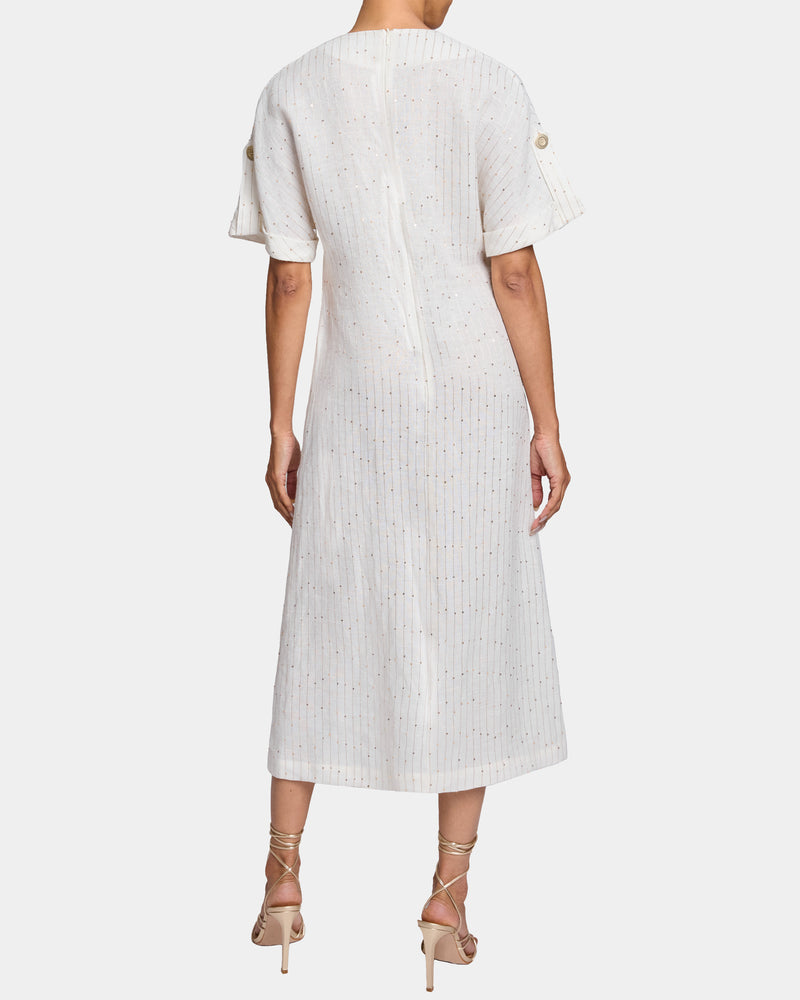 SERAFINA Midi A-Line Shift Dress in Striped Linen