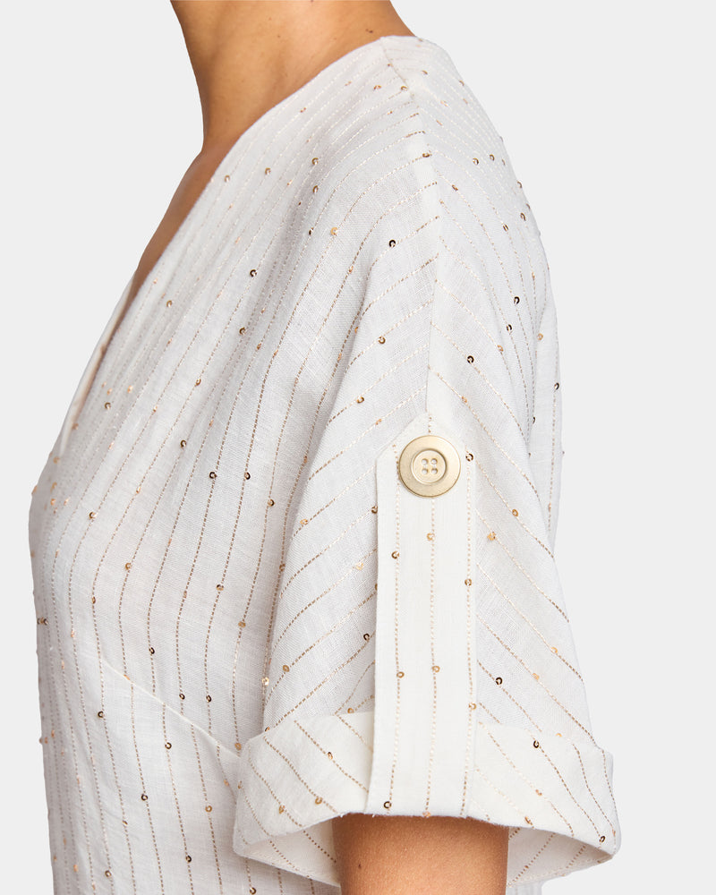 SERAFINA Midi A-Line Shift Dress in Striped Linen