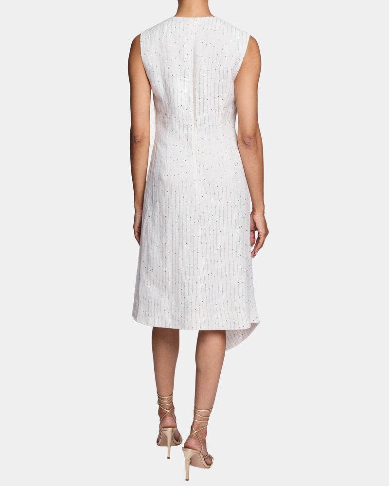 BECCA Sleeveless Asymmetric Sheath Dress in Striped Linen Santorelli BECCA Sleeveless Asymmetric Sheath Dress in Striped Linen Santorelli