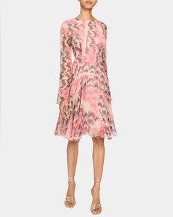 RONI Long Sleeve Fit and Flare Dress in Printed Silk Chiffon Santorelli RONI Long Sleeve Fit and Flare Dress in Printed Silk Chiffon Santorelli