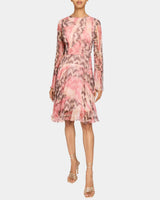 RONI Long Sleeve Fit and Flare Dress in Printed Silk Chiffon