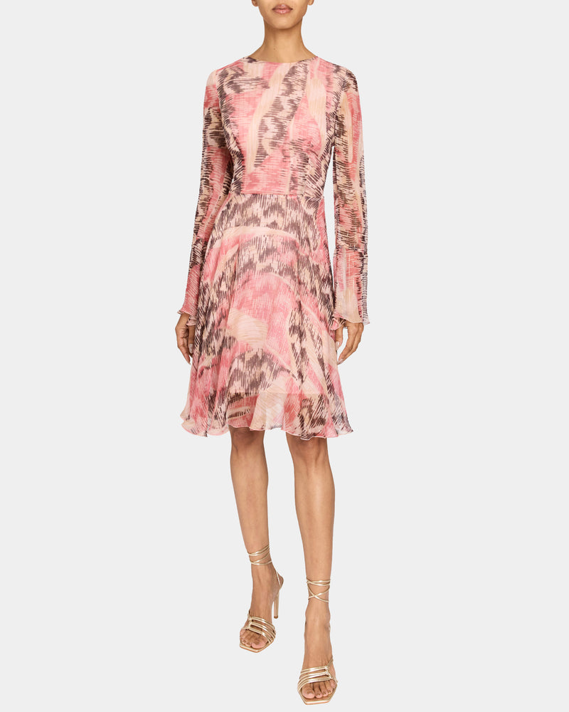 RONI Long Sleeve Fit and Flare Dress in Printed Silk Chiffon