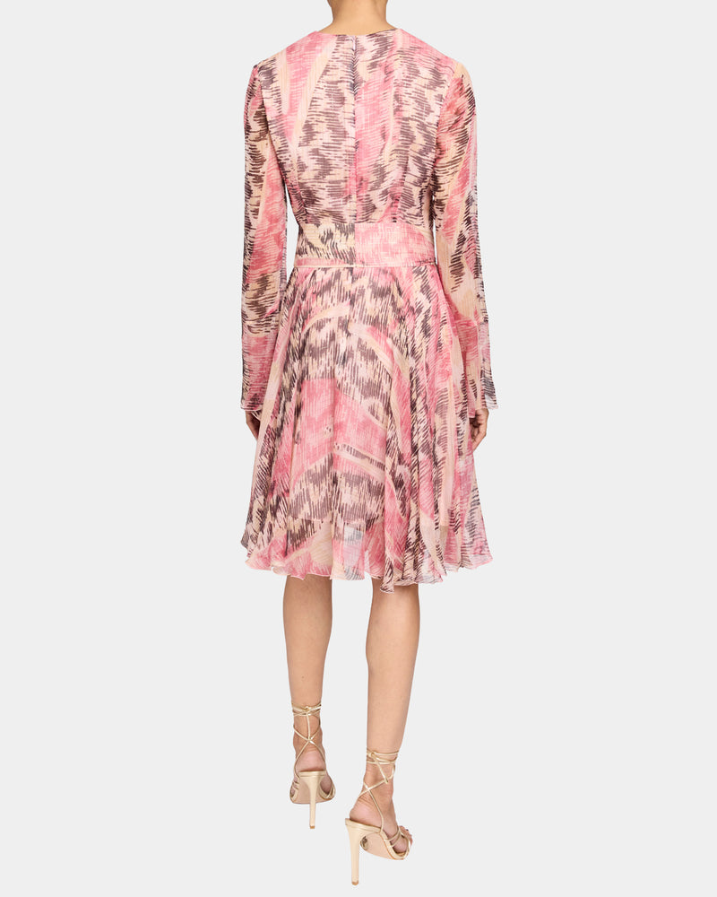 RONI Long Sleeve Fit and Flare Dress in Printed Silk Chiffon