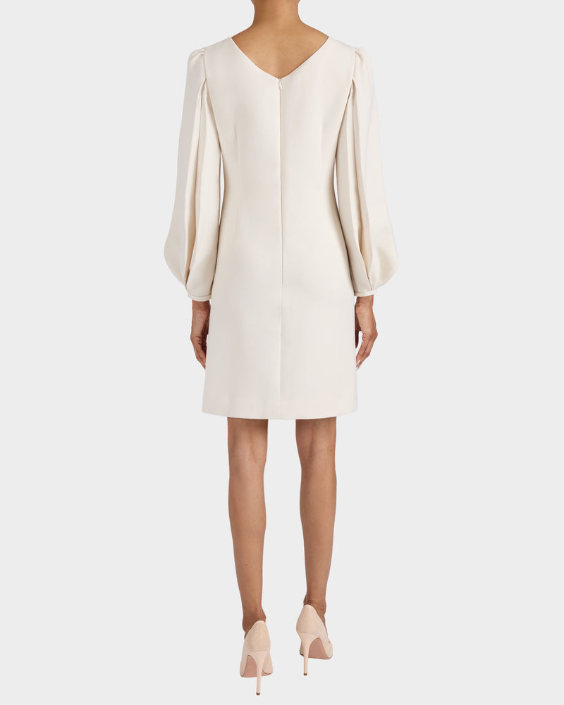 ARANA Shift Dress with Pleated Bishop Sleeves in Stretch Crepe