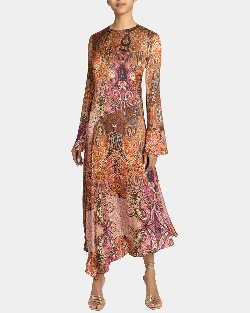 RACHEL Long Sleeve Asymmetric Midi Dress in Printed Charmeuse Santorelli RACHEL Long Sleeve Asymmetric Midi Dress in Printed Charmeuse Santorelli