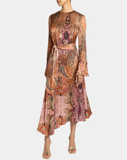 RACHEL Long Sleeve Asymmetric Midi Dress in Printed Charmeuse Santorelli RACHEL Long Sleeve Asymmetric Midi Dress in Printed Charmeuse Santorelli