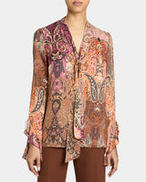 SIENNA Long Sleeve Blouse with Neck Tie in Printed Charmeuse