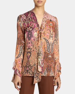 SIENNA Long Sleeve Blouse with Neck Tie in Printed Charmeuse