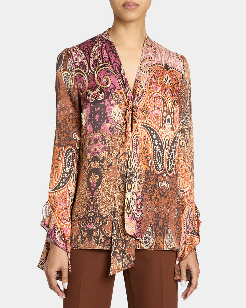 SIENNA Long Sleeve Blouse with Neck Tie in Printed Charmeuse