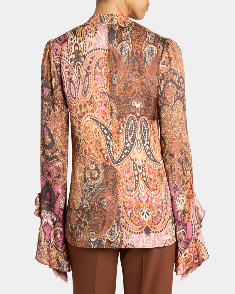 SIENNA Long Sleeve Blouse with Neck Tie in Printed Charmeuse
