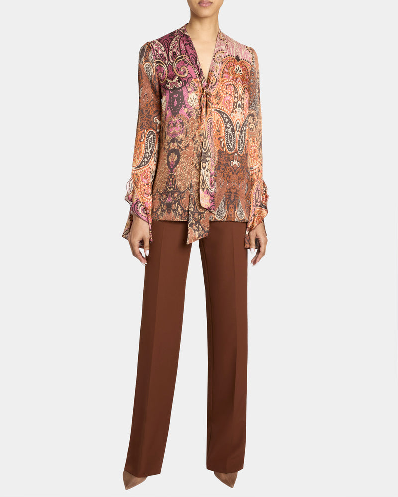 SIENNA Long Sleeve Blouse with Neck Tie in Printed Charmeuse