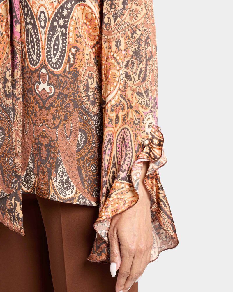 SIENNA Long Sleeve Blouse with Neck Tie in Printed Charmeuse