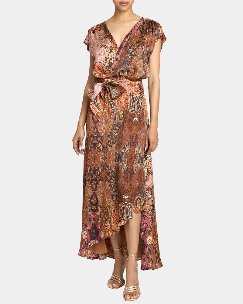 FALLON Midi Dress with Hi-Lo Skirt in Printed Charmeuse