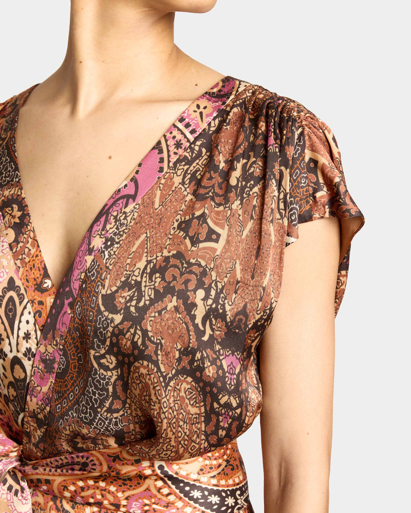 FALLON Midi Dress with Hi-Lo Skirt in Printed Charmeuse