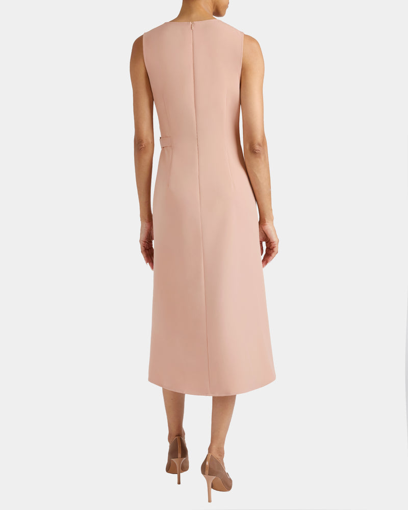 URSA Sleeveless Faux Wrap Dress with Metal Buckle in Stretch Crepe