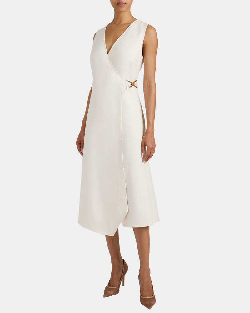URSA Sleeveless Faux Wrap Dress with Metal Buckle in Stretch Crepe.