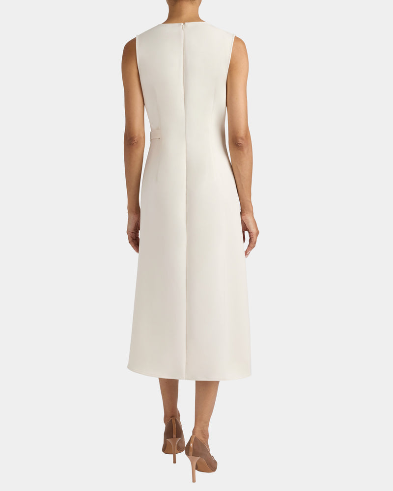 URSA Sleeveless Faux Wrap Dress with Metal Buckle in Stretch Crepe.
