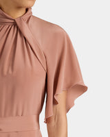 NIKI Silk Mock Neck Midi Dress with Short Cape Sleeves