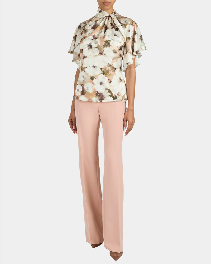 JOYCE Mock Neck Blouse with Short Cape Sleeves in Floral Georgette