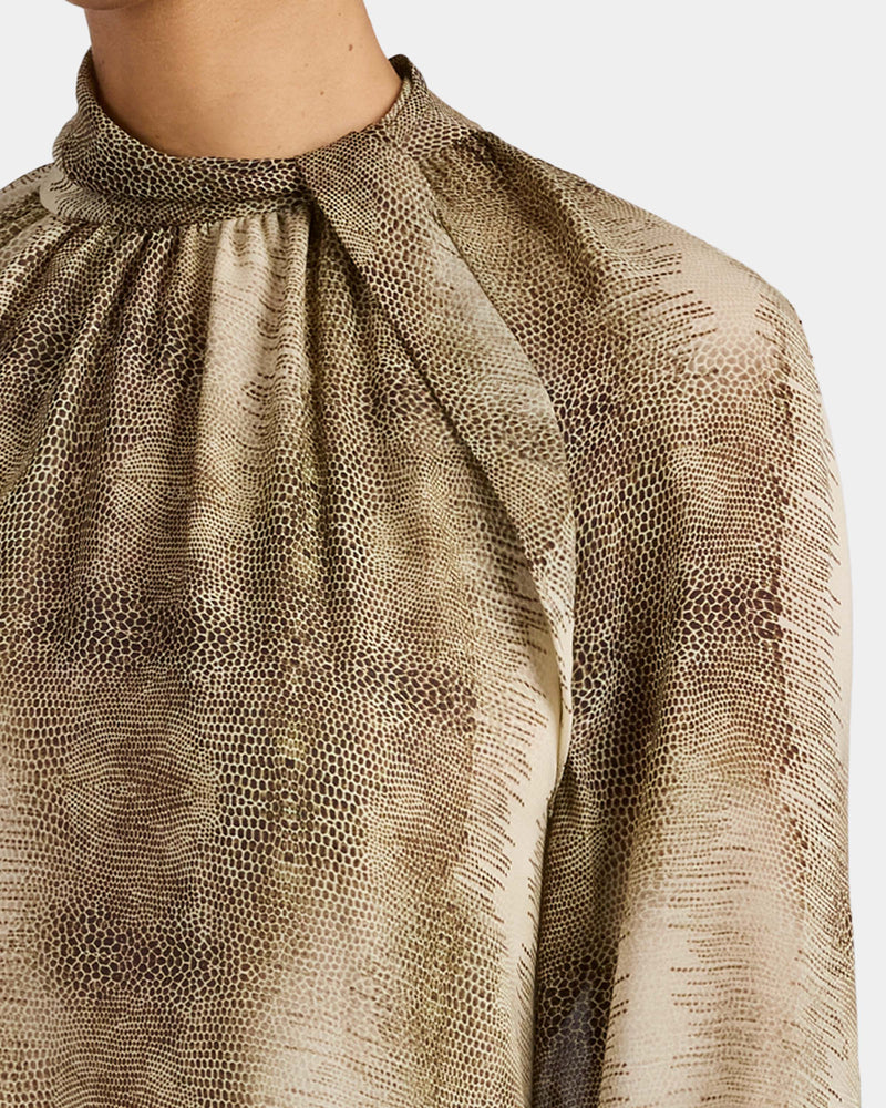 DAKOTA Mock Neck Printed Blouse with Long Lantern Sleeves