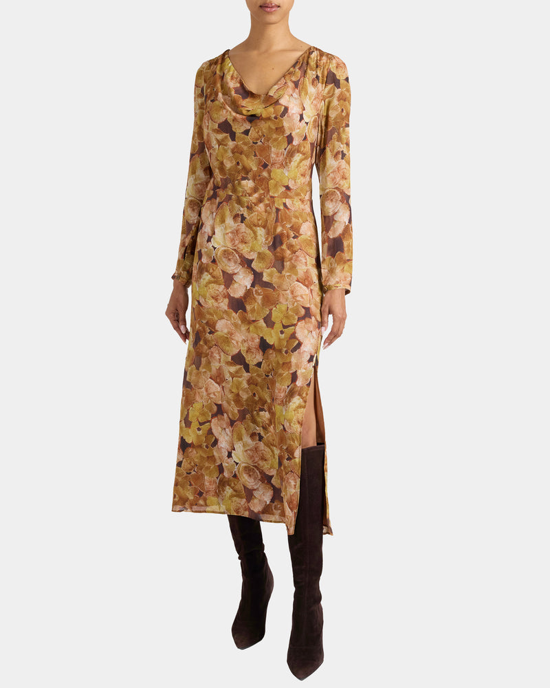 PIPER Long Sleeve Cowl Neck Dress in Floral Crepe
