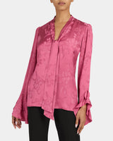 SIENNA Long Sleeve Blouse with Neck Tie in Floral Jacquard