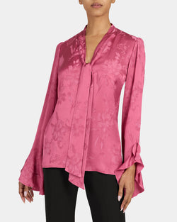 SIENNA Long Sleeve Blouse with Neck Tie in Floral Jacquard
