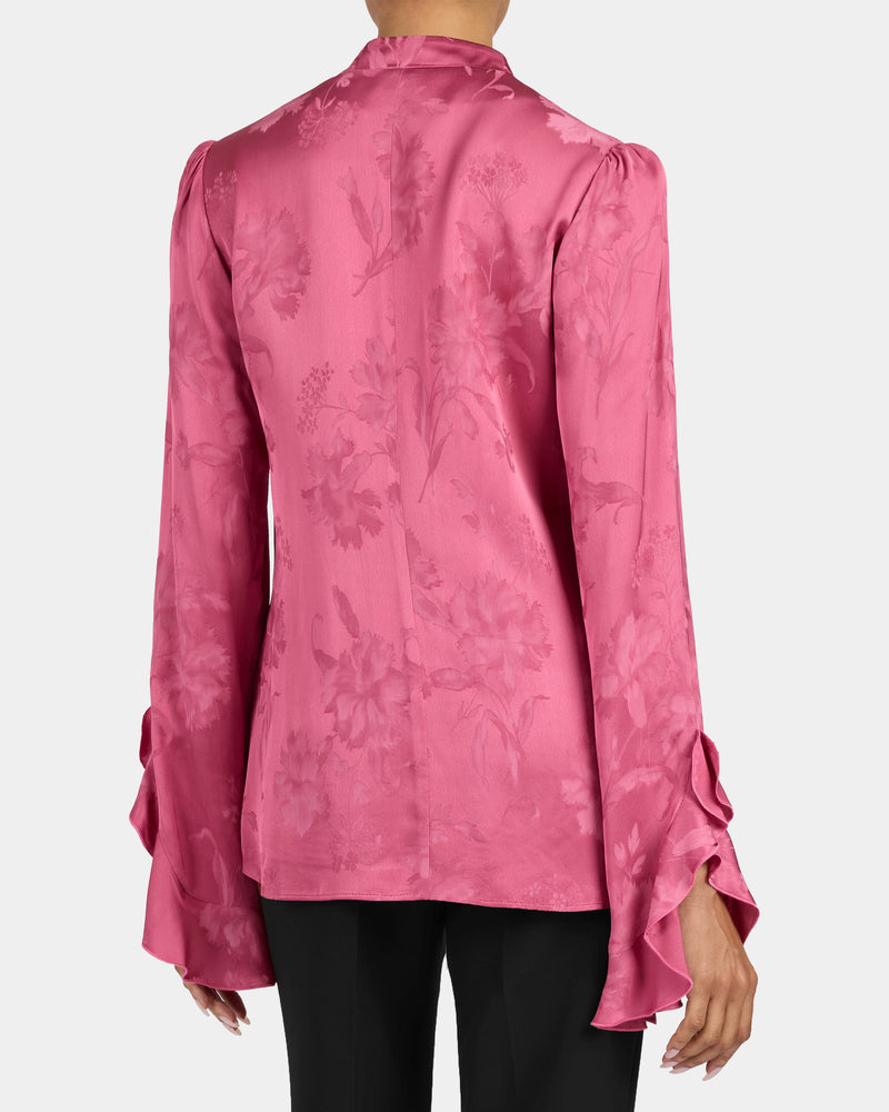 SIENNA Long Sleeve Blouse with Neck Tie in Floral Jacquard