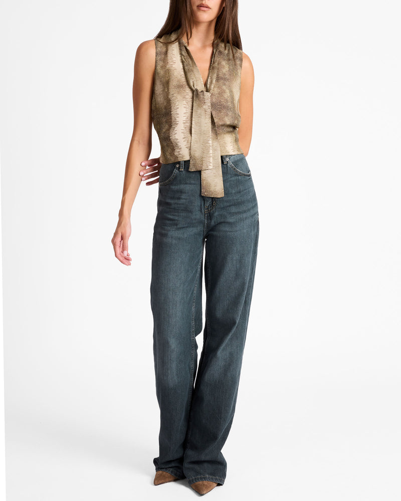 TECA Sleeveless Tie Neck Blouse in Animal Printed Georgette