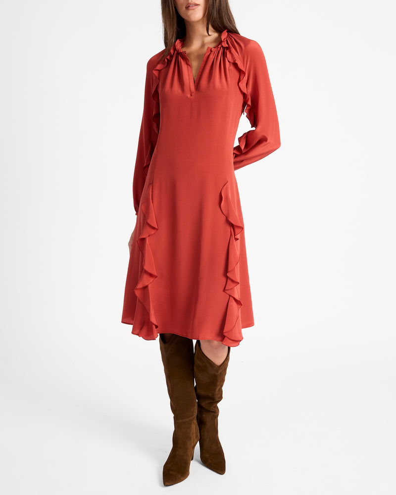 Jayda Silk Long Sleeve Ruffle Dress in Brown Jayda Silk Long Sleeve Ruffle Dress in Brown