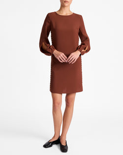 Santorelli - Pauli Shift Dress with Grommet Detail in Satin Back Crepe Dark Chestnut / 42 Santorelli - Pauli Shift Dress with Grommet Detail in Satin Back Crepe Dark Chestnut / 42