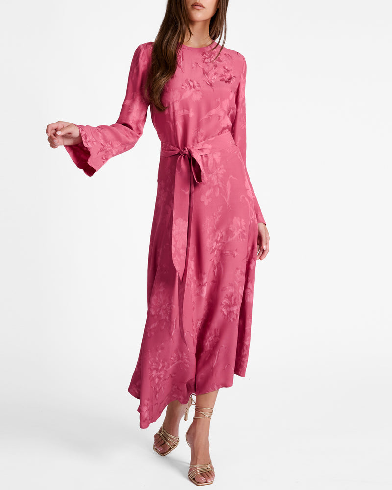 RACHEL Long Sleeve Asymmetric Midi Dress in Floral Jacquard Santorelli RACHEL Long Sleeve Asymmetric Midi Dress in Floral Jacquard Santorelli