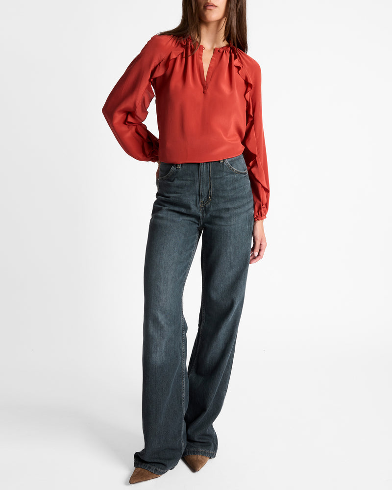 SKYLA Long Sleeve Ruffle Blouse in Silk Crepe de Chine