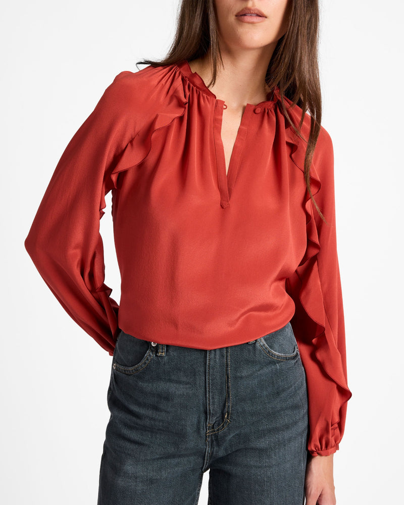 SKYLA Long Sleeve Ruffle Blouse in Silk Crepe de Chine