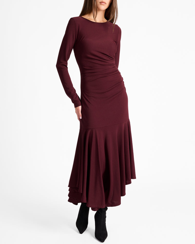 ABIGAIL Long Sleeve Hi Lo Dress with Side Ruching in Fluid Jersey