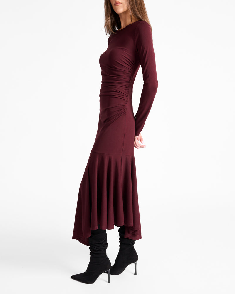 Santorelli - Abigail Long Sleeve Hi Lo Dress with Side Ruching in Fluid Jersey Raisin / 48 Santorelli - Abigail Long Sleeve Hi Lo Dress with Side Ruching in Fluid Jersey Raisin / 48